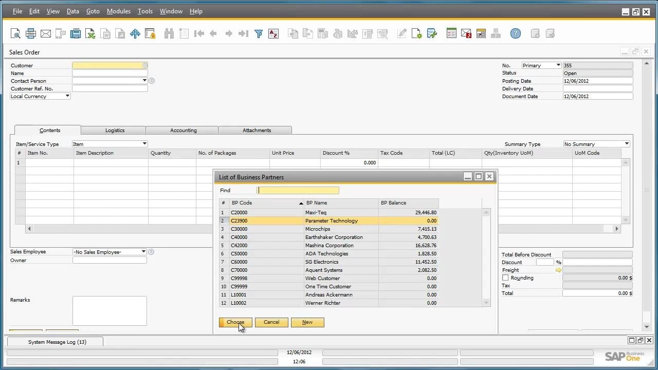 Sales Order window with the List of Business Partners open, Parameter Technology highlighted and ready to be chosen