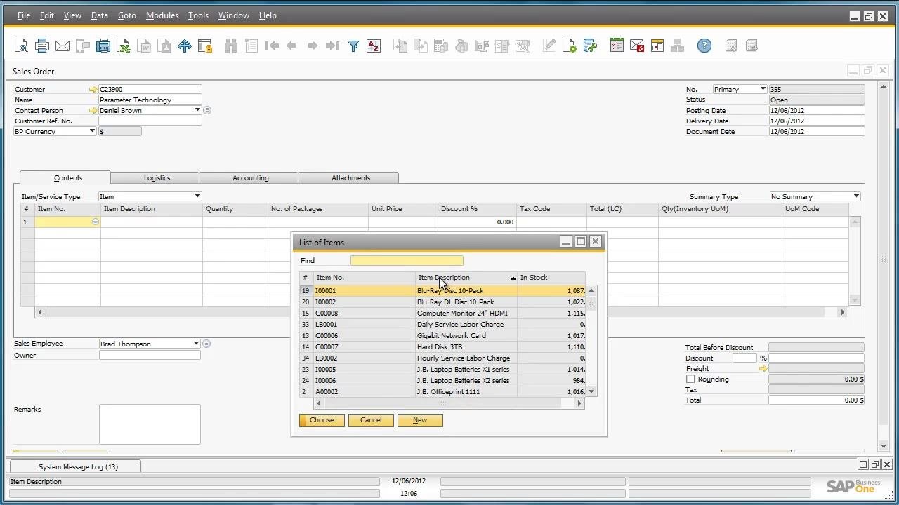 Sales Order window with the List of Items open, ready to select the required item