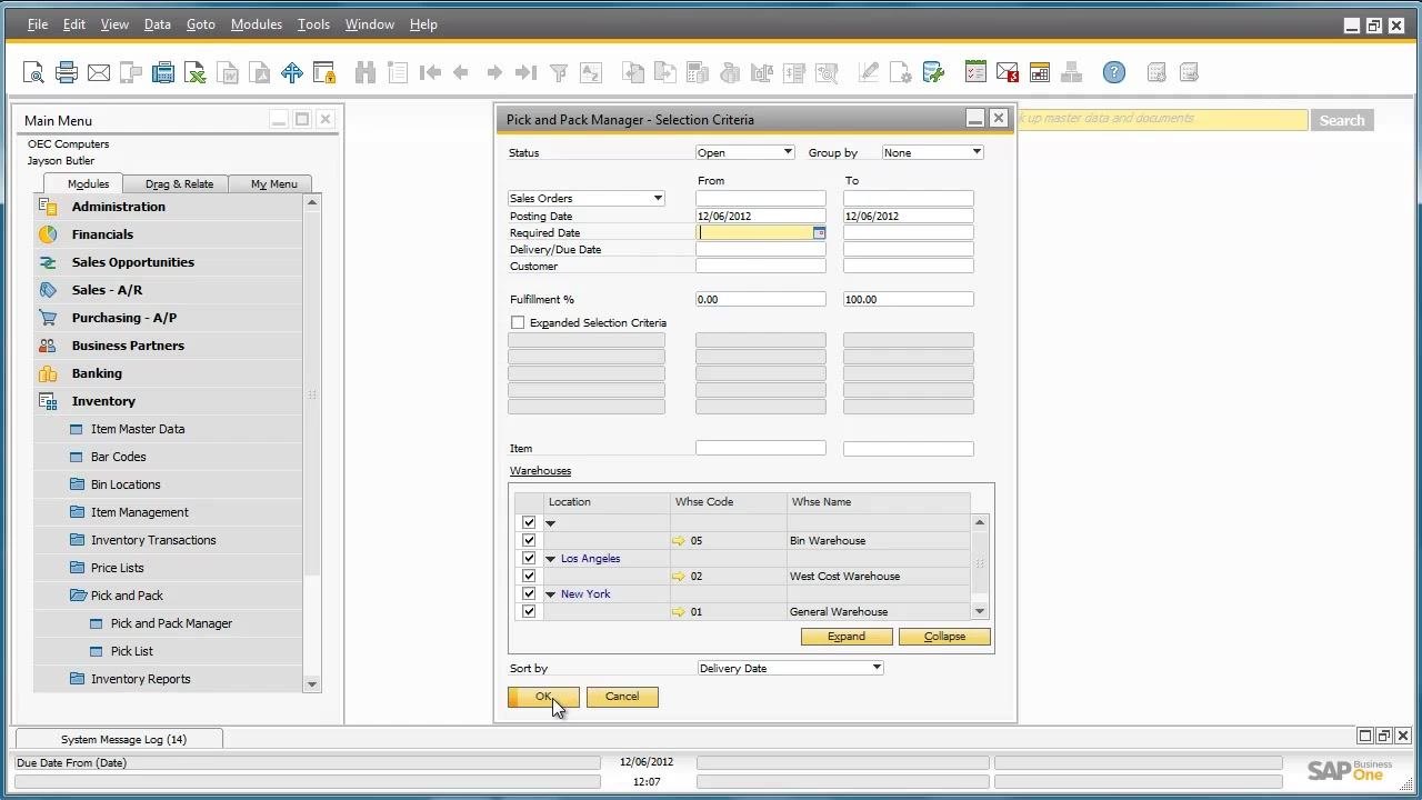 Pick and Pack Manager - Selection Criteria window with dates and warehouses selected, user clicking OK