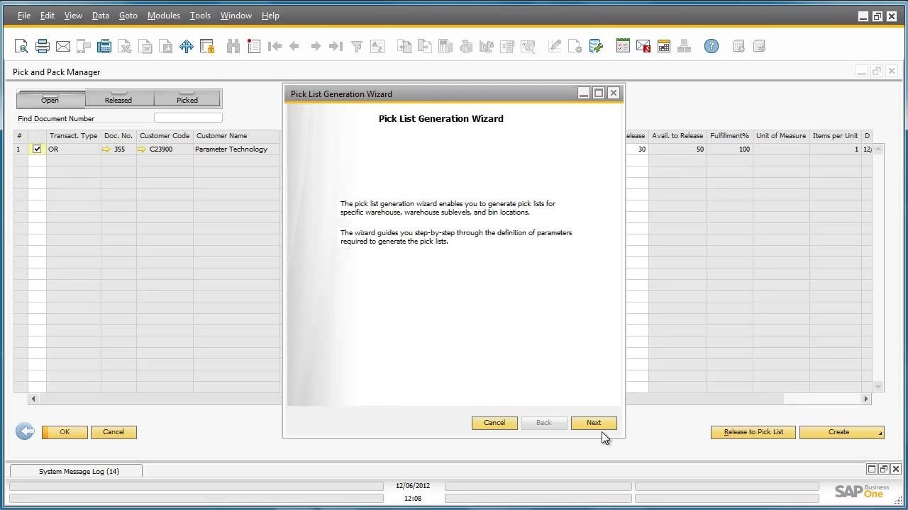 Pick and Pack Manager with an item selected and the Release to Pick List button highlighted