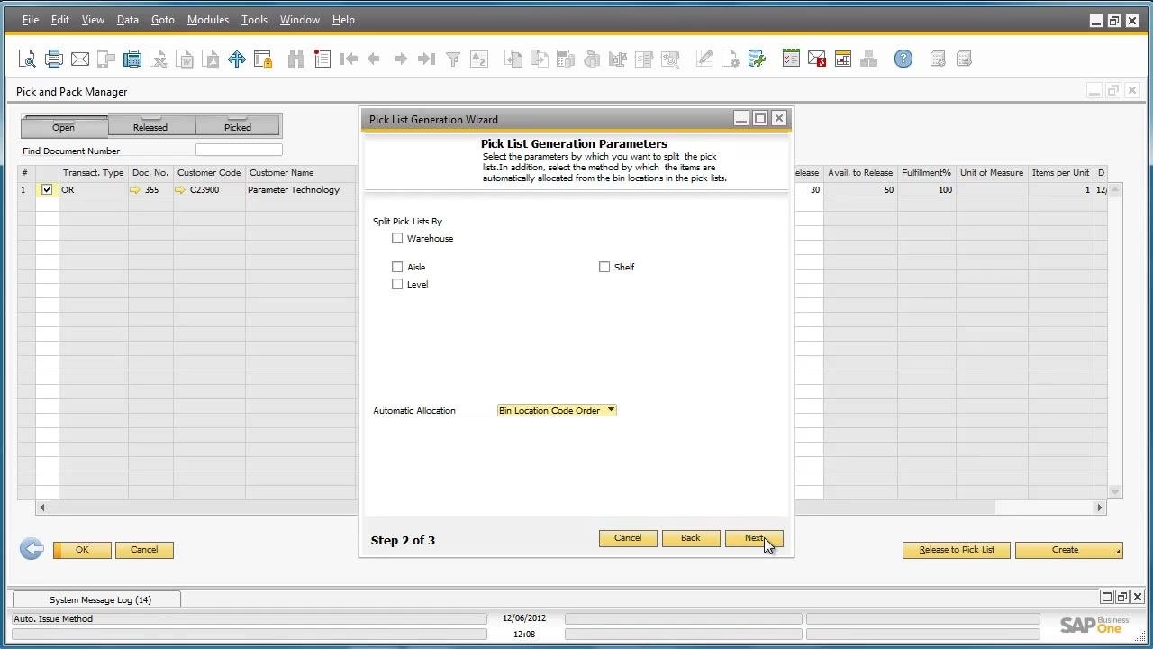 Pick List Generation Parameters screen with default settings
