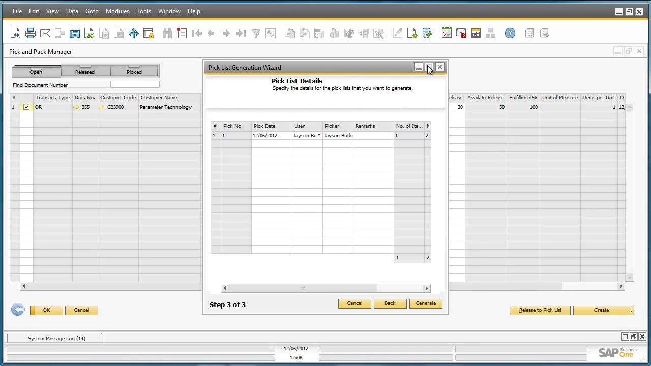 Pick and Pack Manager showing released pick list details