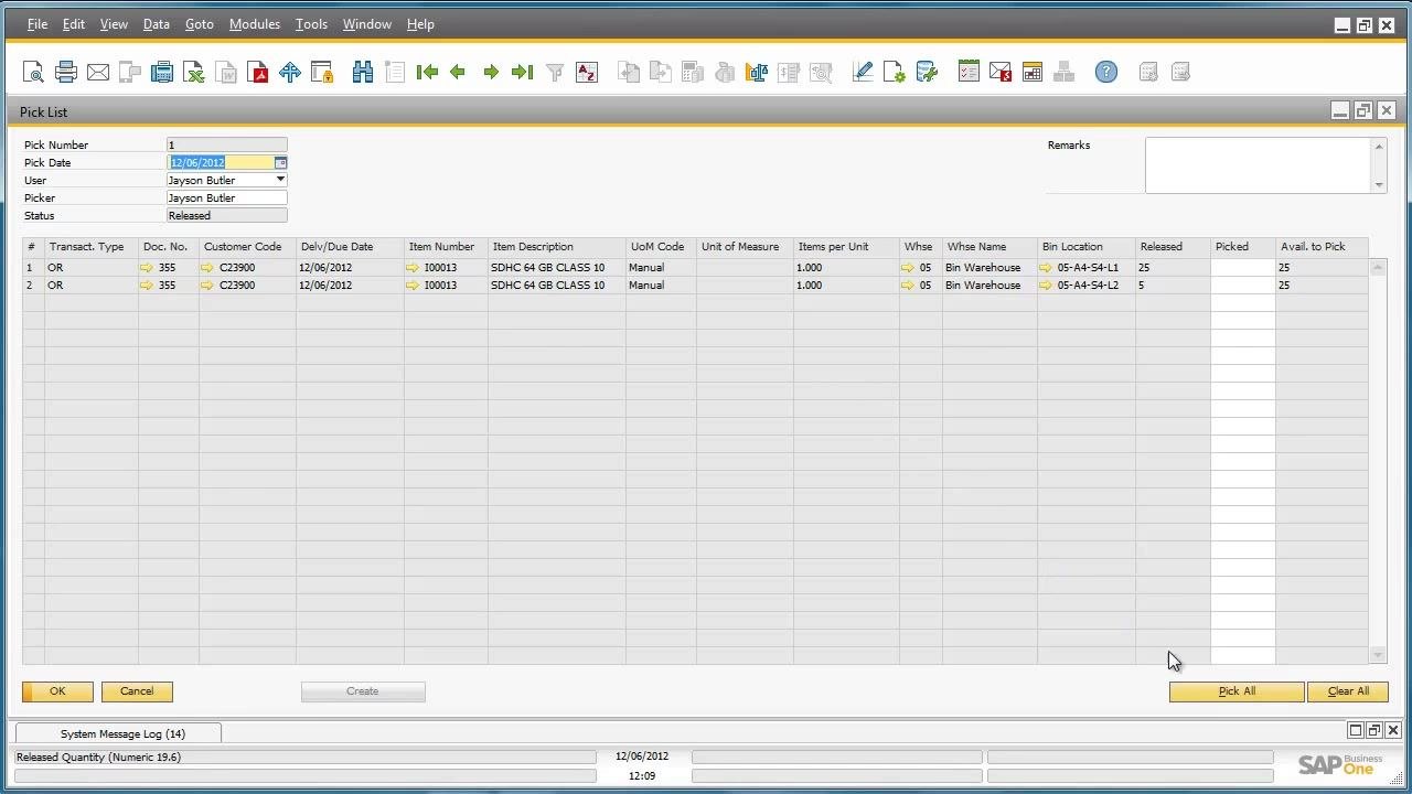 Pick List window with the Pick All button highlighted, showing item and bin breakdown