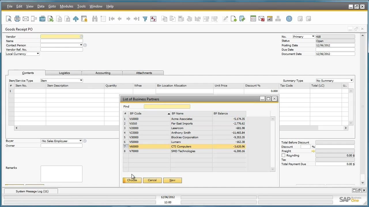 Purchasing - A/P module expanded, with Goods Receipt PO highlighted in the menu
