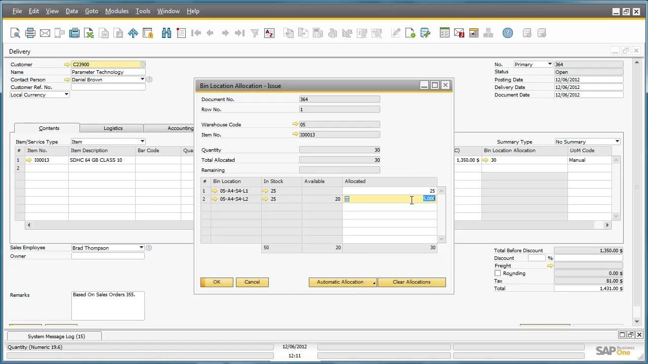 Bin Location Allocation window with available stock highlighted