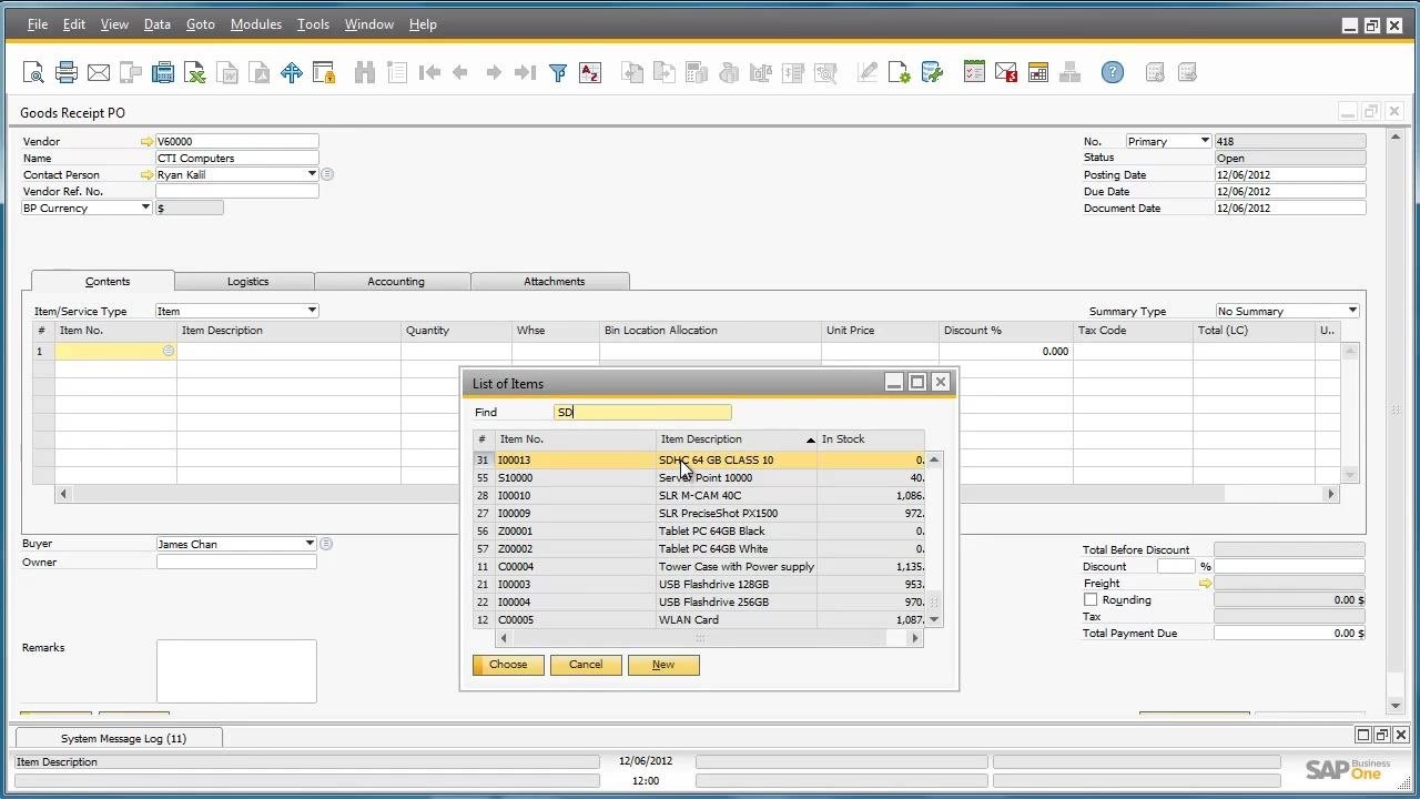 Goods Receipt PO window with the List of Items dialog open and SDHC 64 GB CLASS 10 selected