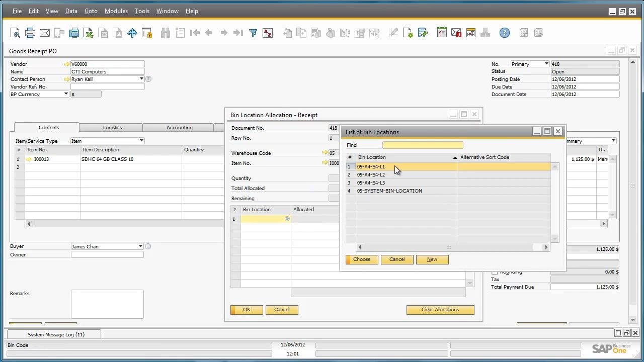 List of Bin Locations dialog with 05-A4-S4-L1 selected