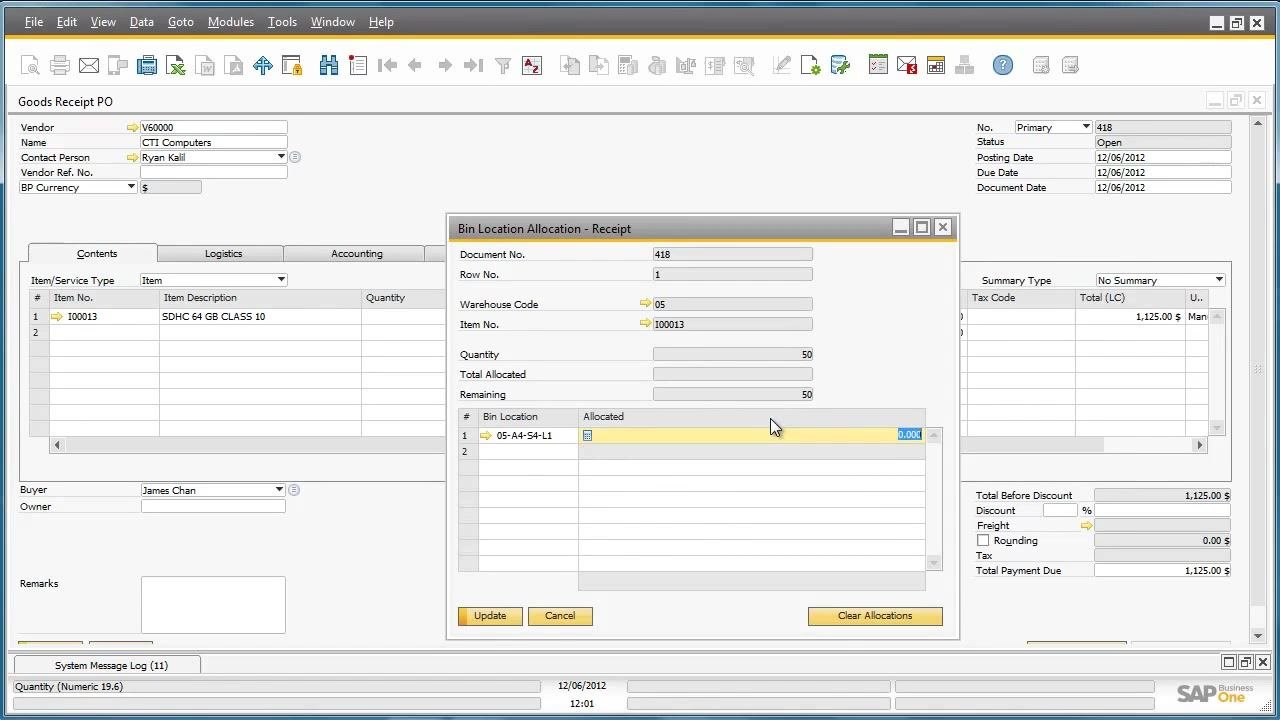 Bin Location Allocation - Receipt window with 05-A4-S4-L1 selected and the allocation field ready for input
