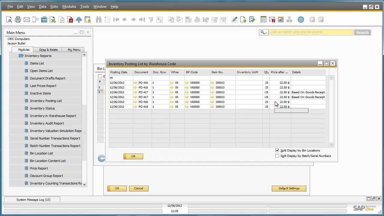Inventory Posting List by Warehouse Code window showing postings for item 100013 in warehouse 05, with quantities and details