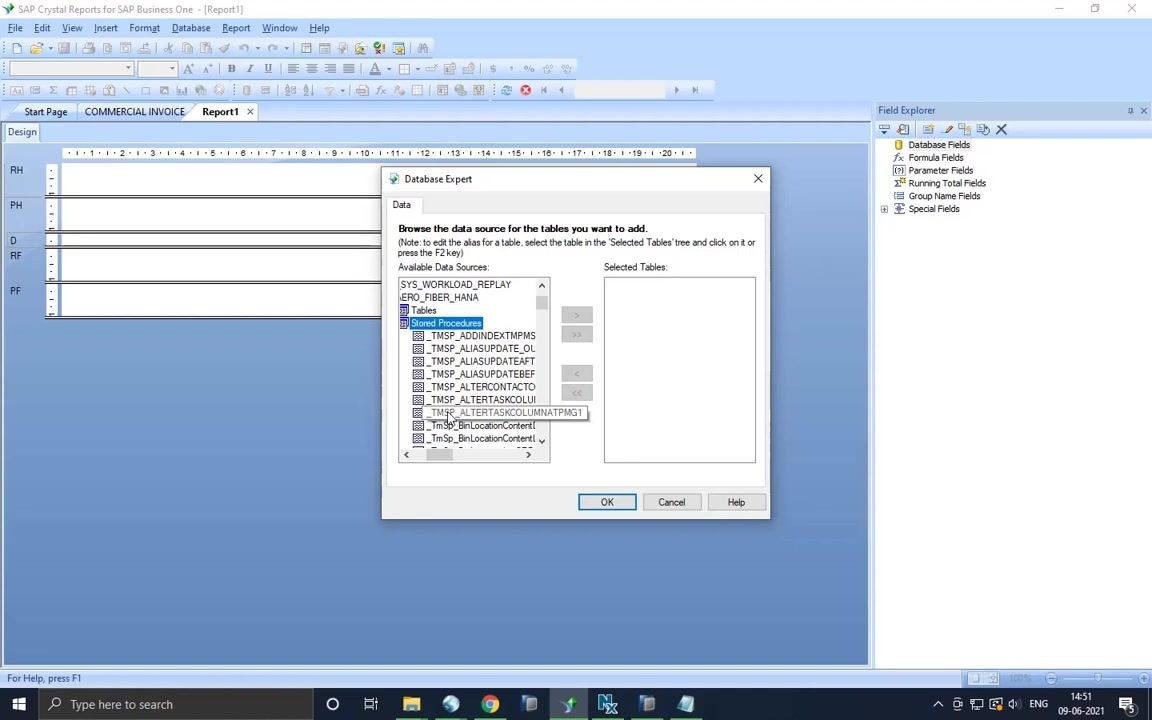 Database Expert dialog with the Stored Procedures folder expanded, showing a list of available procedures