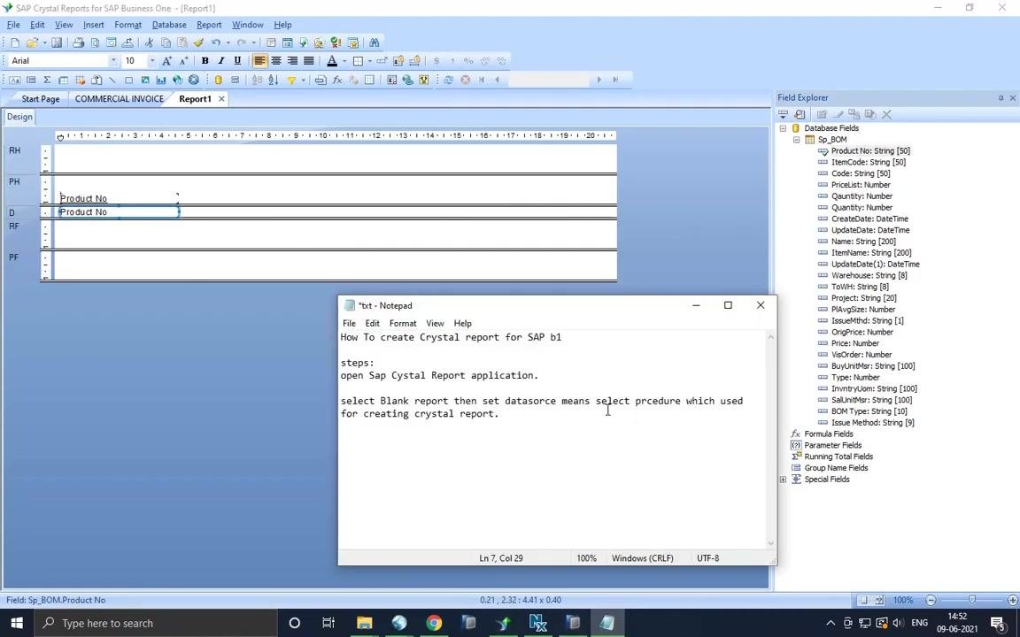 Database Expert dialog showing the Sp_BOM stored procedure moved to Selected Tables, with the cursor on the OK button