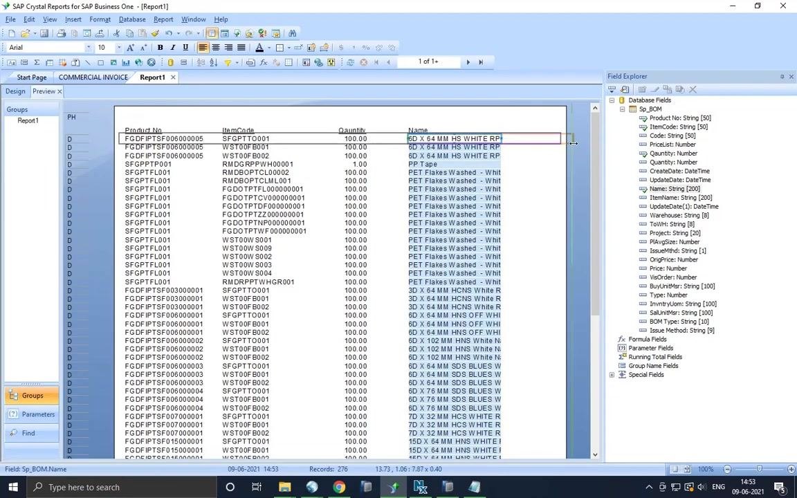Crystal Reports design window showing the Product No field correctly placed in the layout