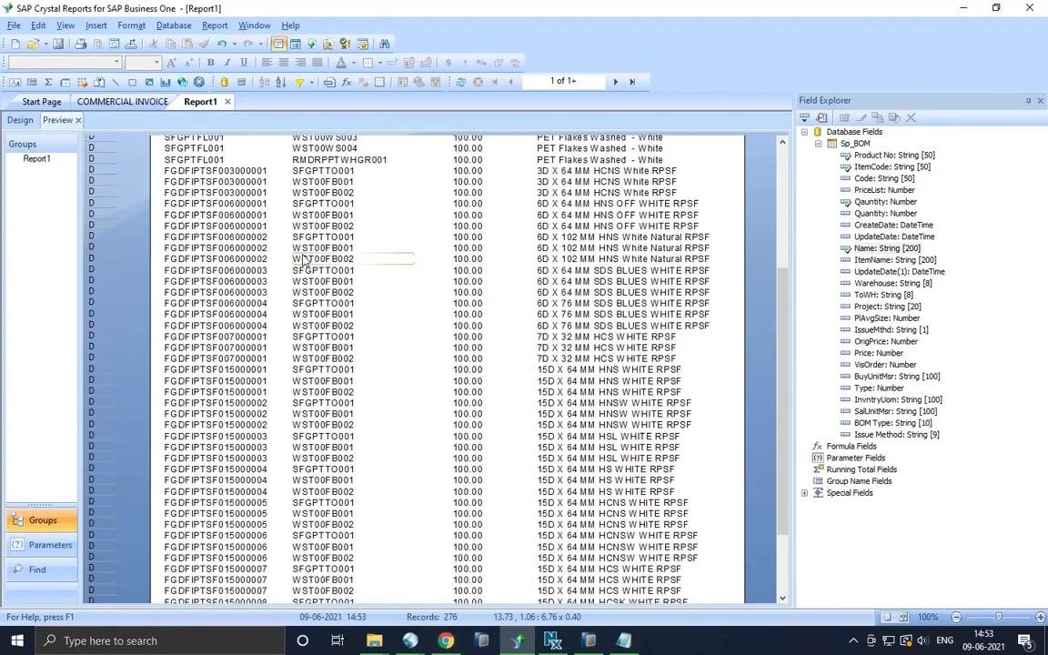 Crystal Reports preview showing the populated report with columns Product No, ItemCode, Quantity, and Name