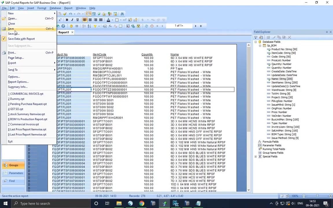 File menu open with the Save option highlighted and the report preview visible in the background