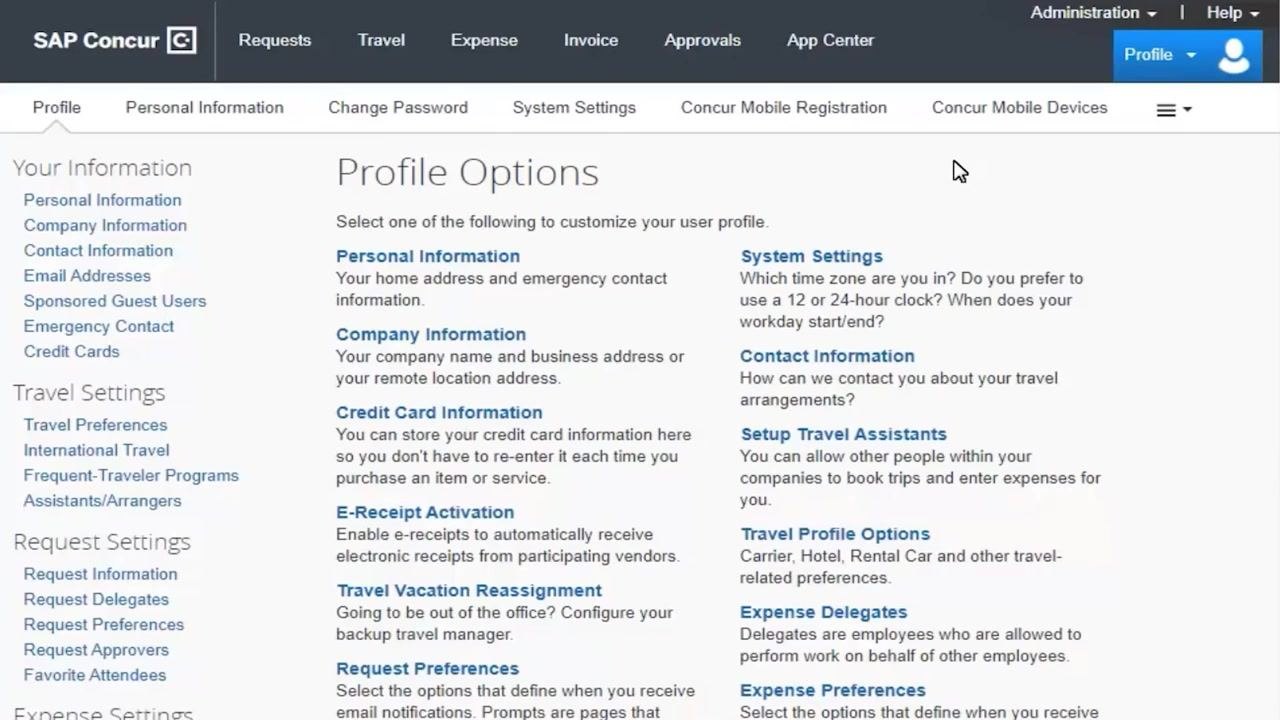 Profile Options page with the Expense Delegates link visible