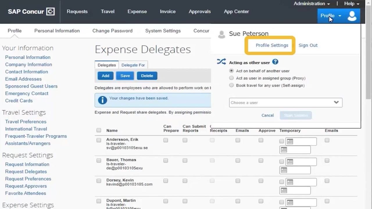Expense Delegates screen with permission checkboxes, highlighting the Can View Receipts option