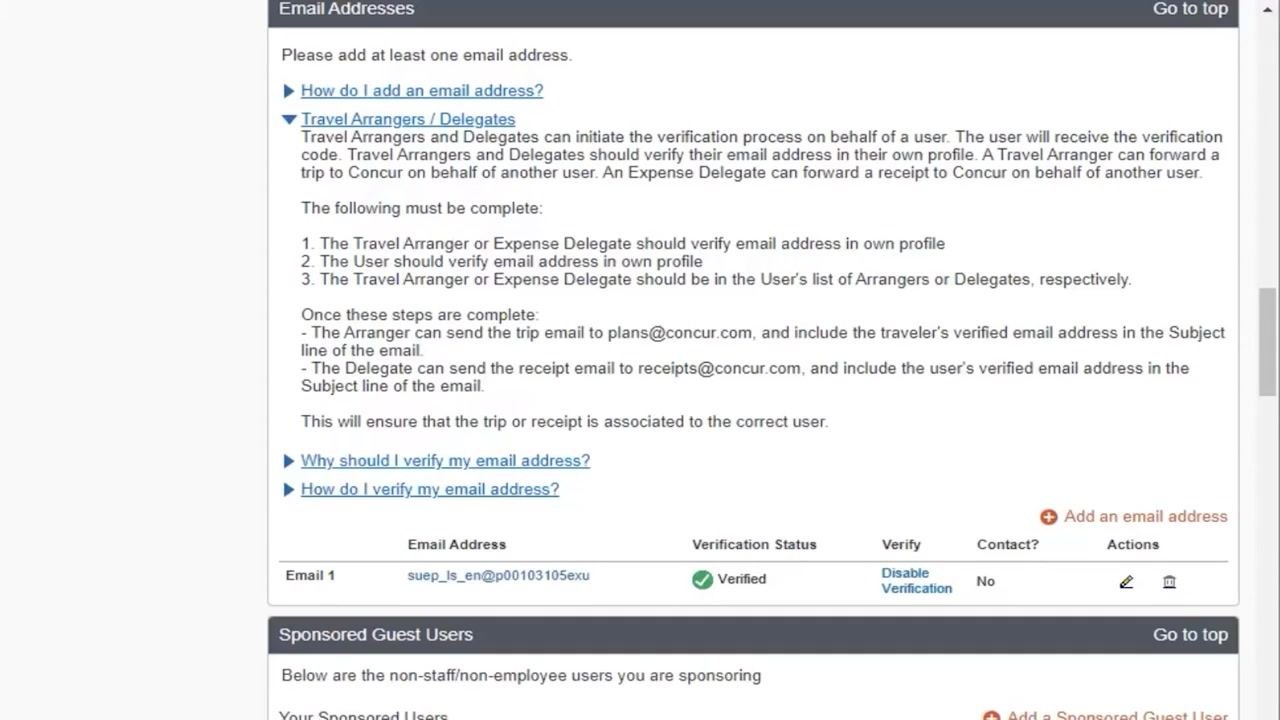 Email Addresses section showing Verified status for the email address