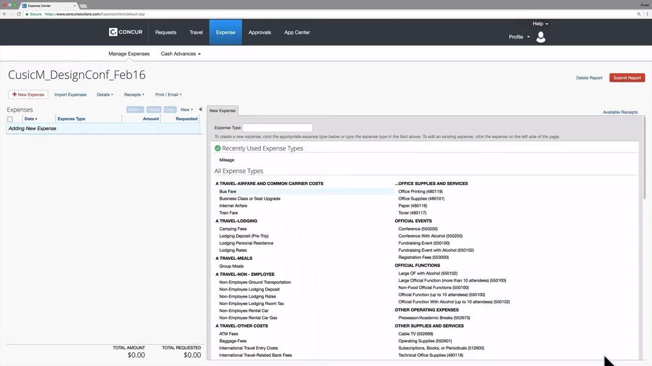 Concur "Create a New Expense Report" screen with fields for Policy, Report Name, Travel Type, Travel Business Purpose, Routing/Reimbursement SpeedType, Submit Report to, Comment, and Alternate Contact Employee.
