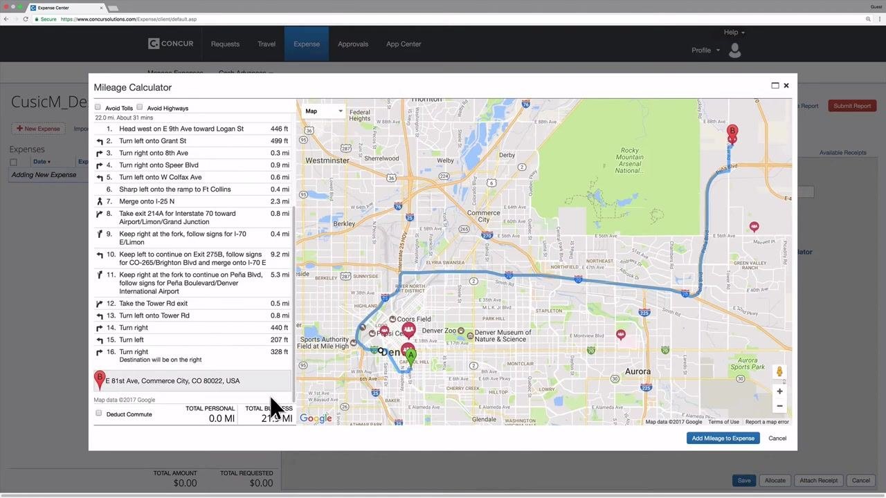 Mileage Calculator with the Deduct Commute box visible and total business mileage calculated.