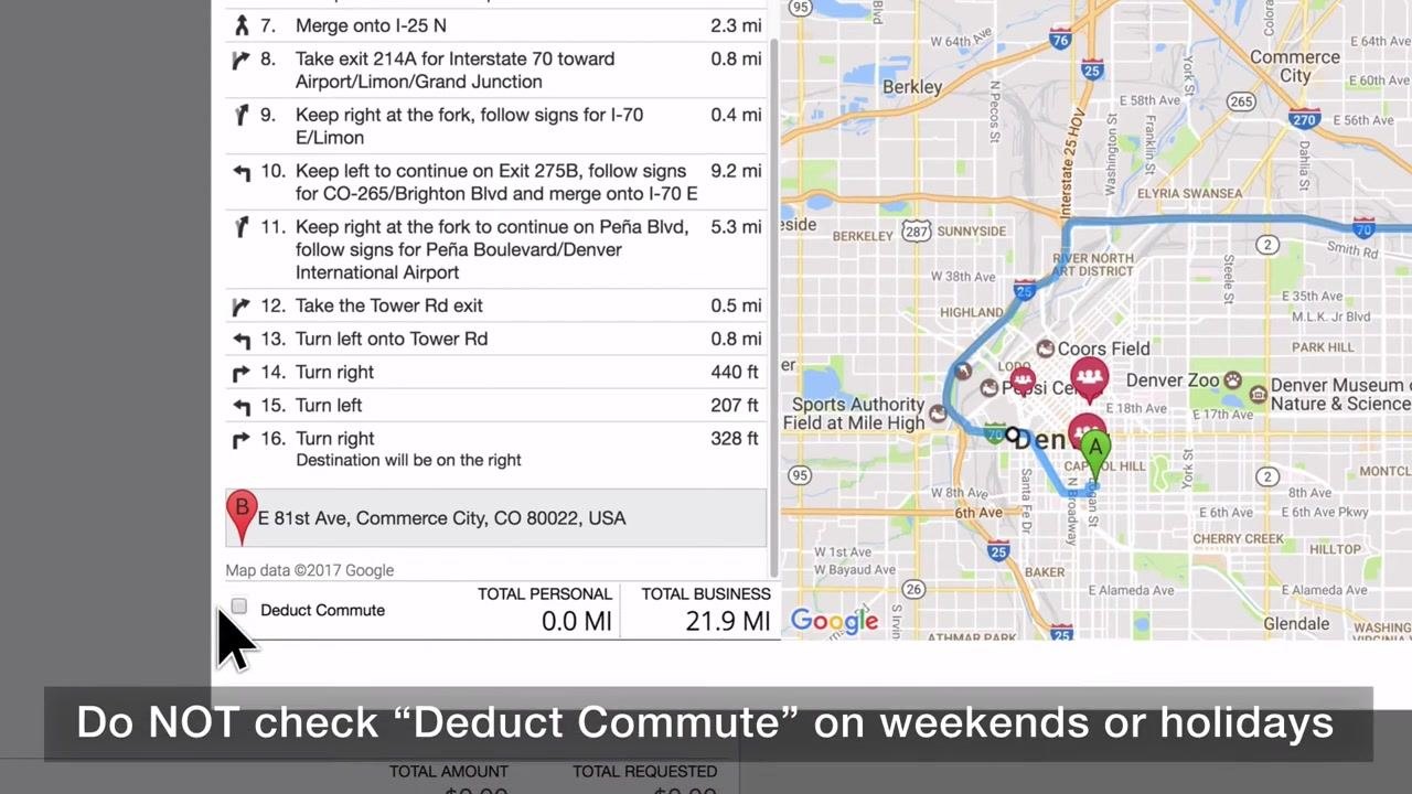 Mileage Calculator with route details, Deduct Commute checkbox, and an on-screen reminder not to check it on weekends or holidays.