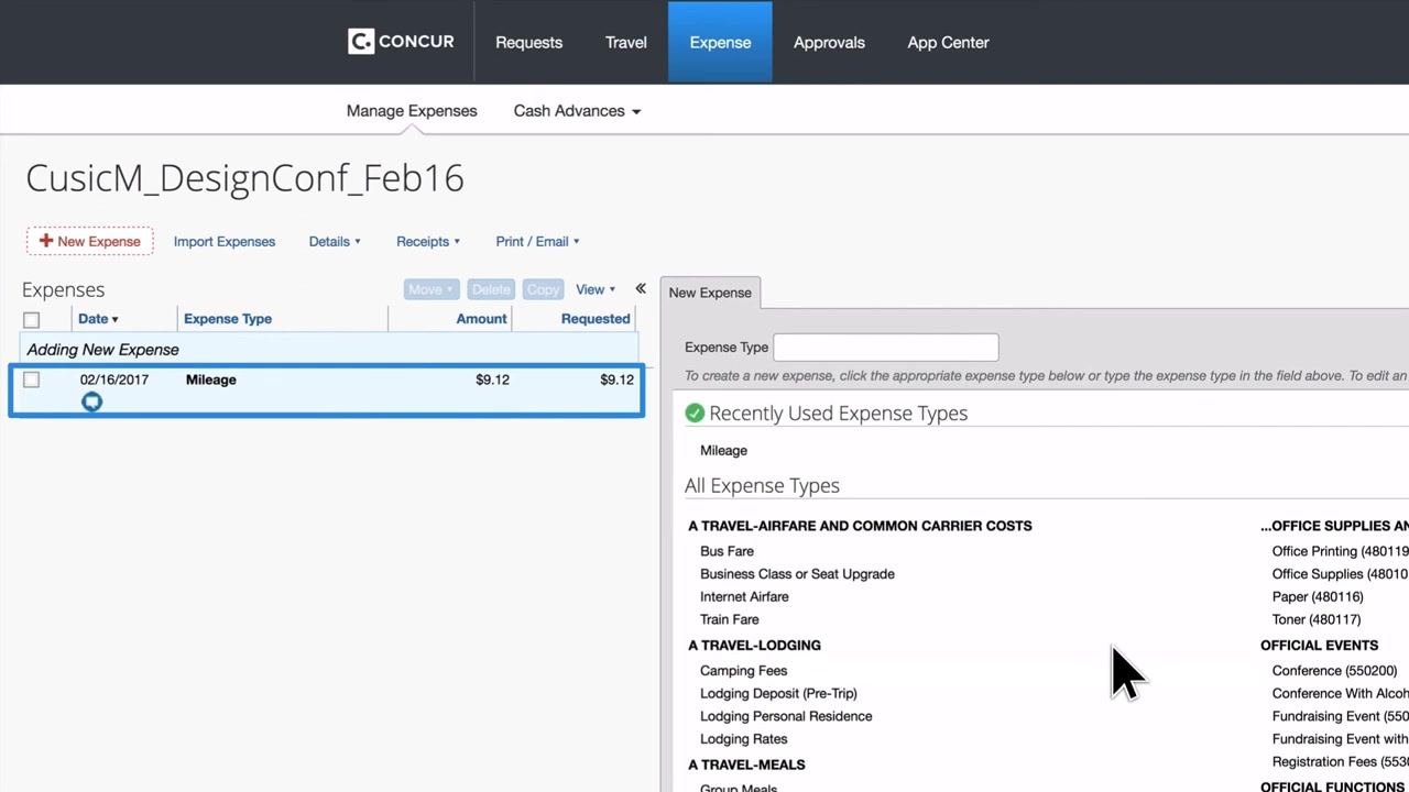 Concur Expenses screen showing a newly added Mileage expense with date, amount, and type.