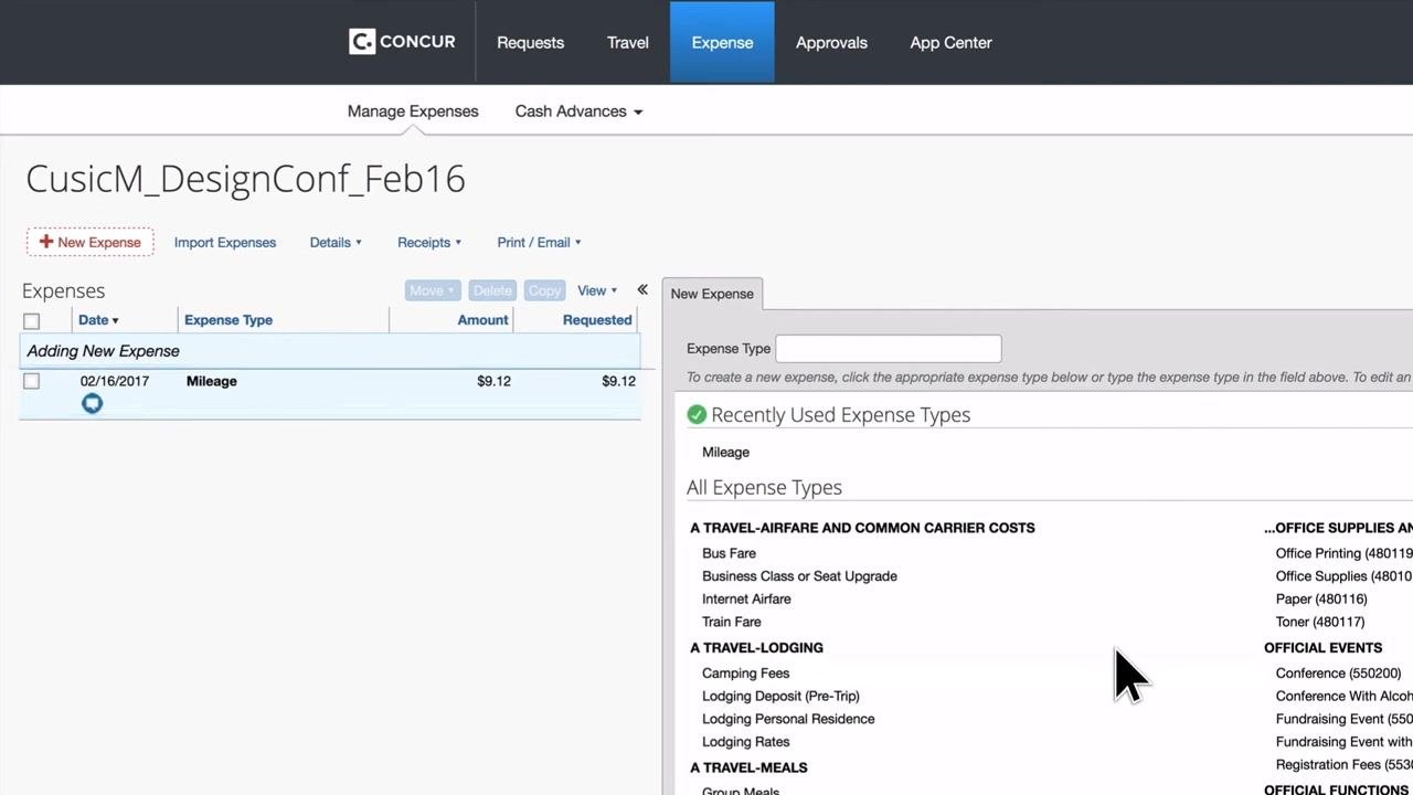 Concur Expenses screen with multiple expense types and the option to add new expenses by date.