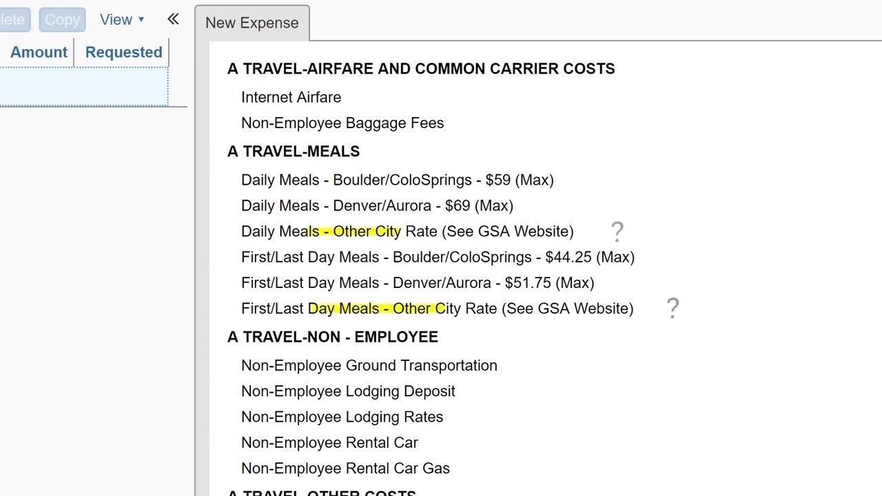 Dialog for adding a new expense in Concur, showing fields for Expense Type (First/Last Day Meals - Denver/Aurora), Transaction Date (07/11/2018), Amount, and Location (Denver, Colorado).
