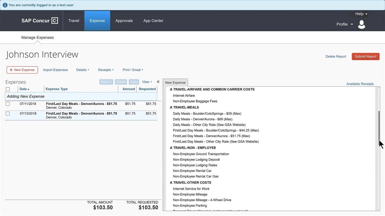 Adding a new Daily Meals expense for Denver/Aurora, with fields for Expense Type, Transaction Date (07/12/2018), Amount ($69.00), and Location (Denver, Colorado). The Save button is highlighted.
