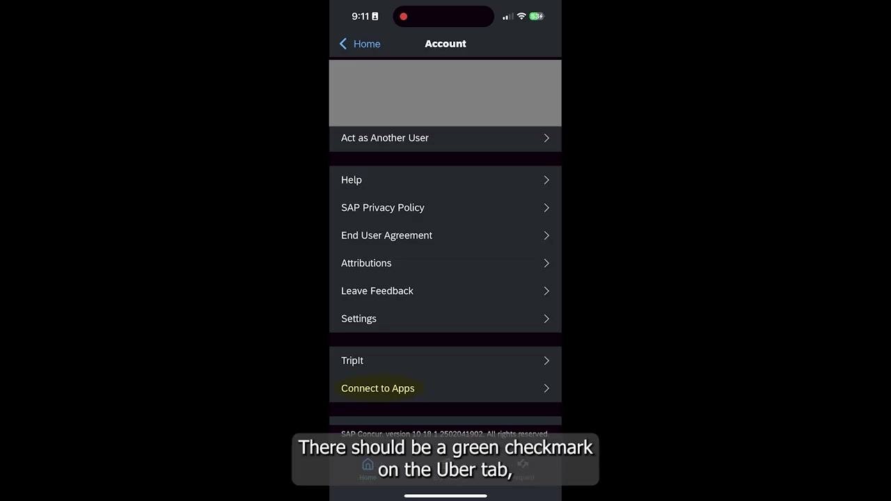 Account screen in the SAP Concur app with "Connect to Apps" highlighted, confirming the Uber connection was successful.
