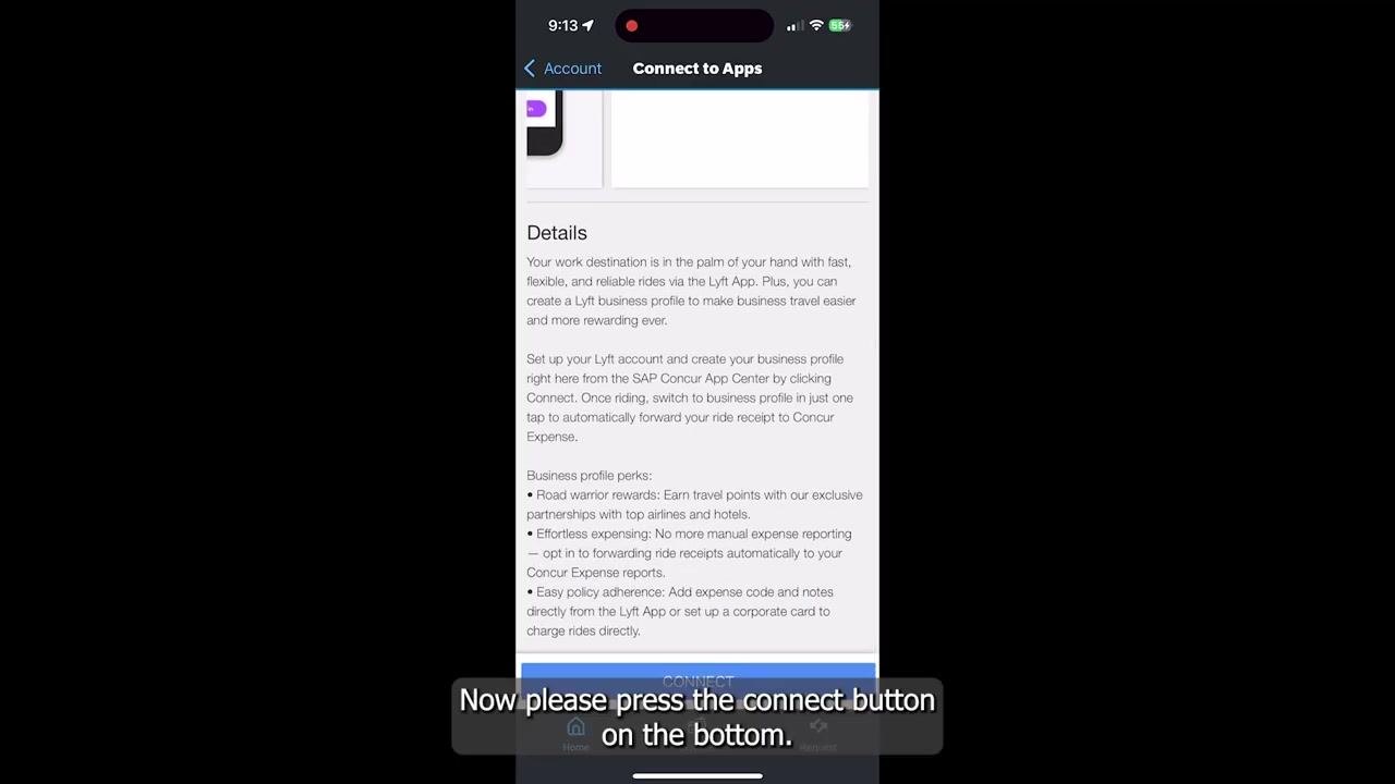 Lyft integration details screen in the SAP Concur app with a blue "CONNECT" button at the bottom and a "Details" section describing business profile perks and integration benefits.