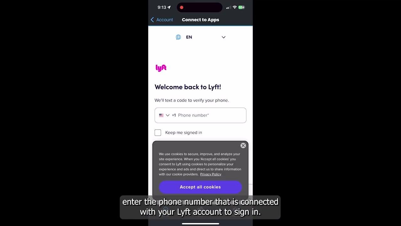 Lyft login screen prompting for a phone number, showing "Welcome back to Lyft!" along with an "Accept all cookies" button and privacy notice.