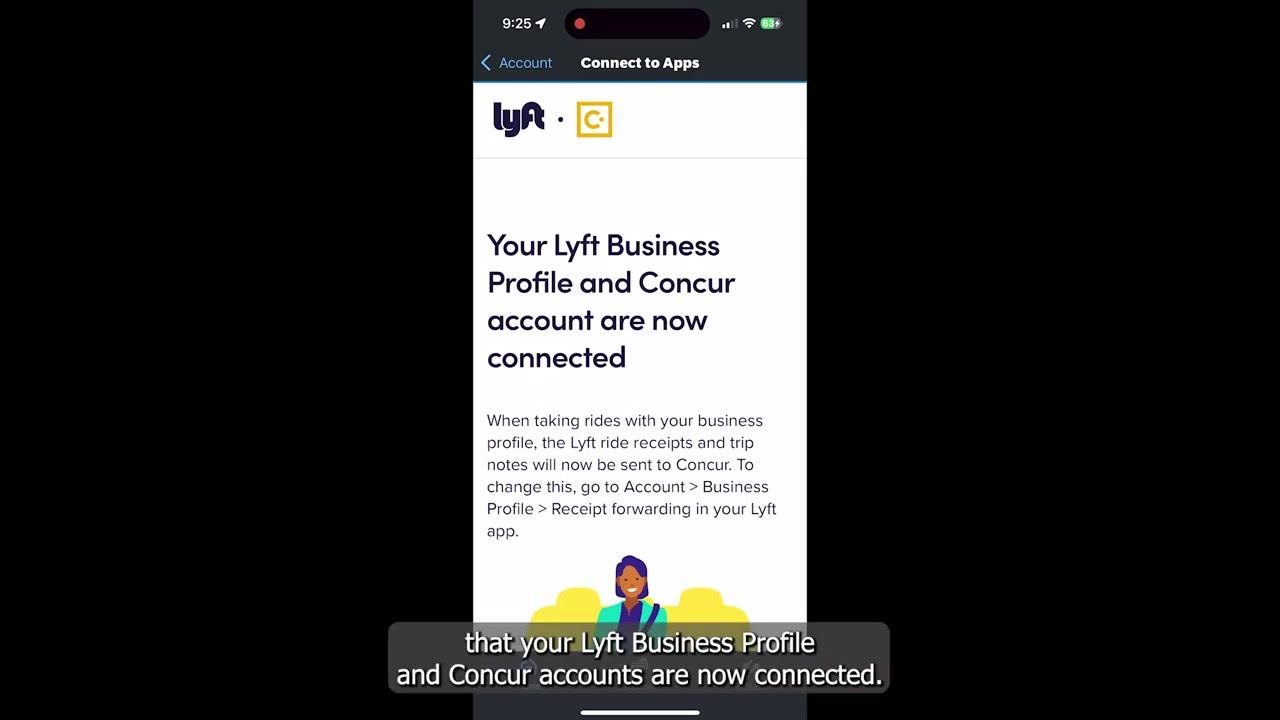 Confirmation screen in the Lyft app stating "Your Lyft Business Profile and Concur account are now connected," with instructions about receipt forwarding.