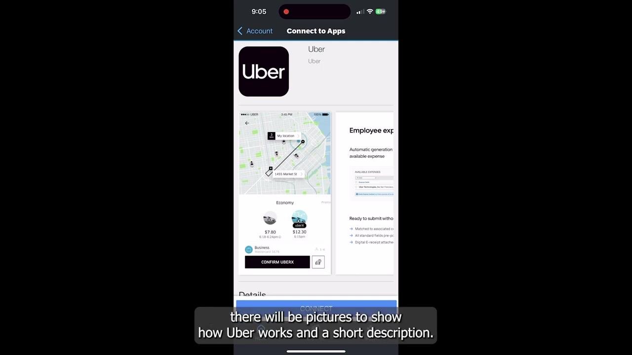 Uber integration screen in the SAP Concur app showing the Uber logo, sample ride screenshots, a description of the integration, and a blue "CONNECT" button at the bottom.