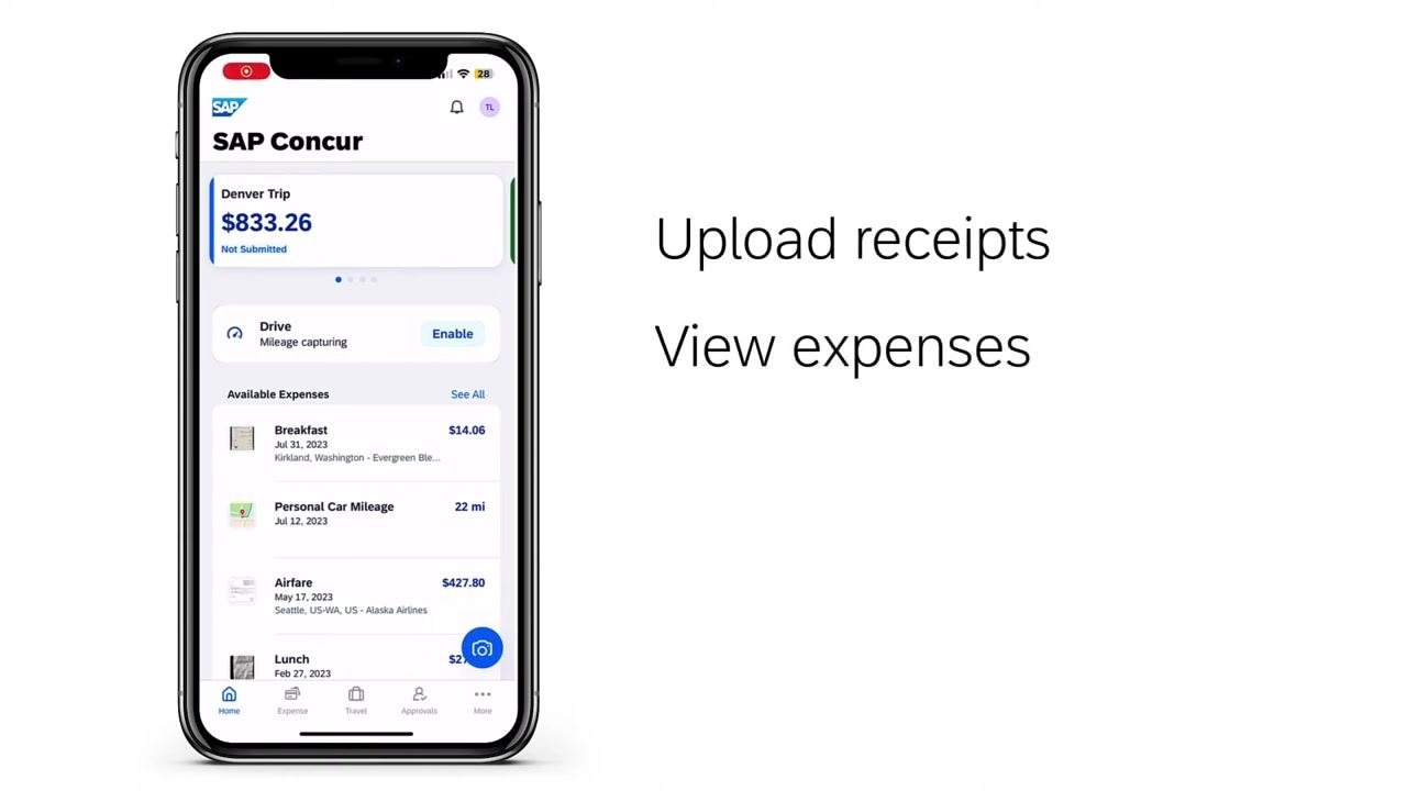 SAP Concur web interface showing an itemized hotel expense with a receipt image, itemization details, and alert icons