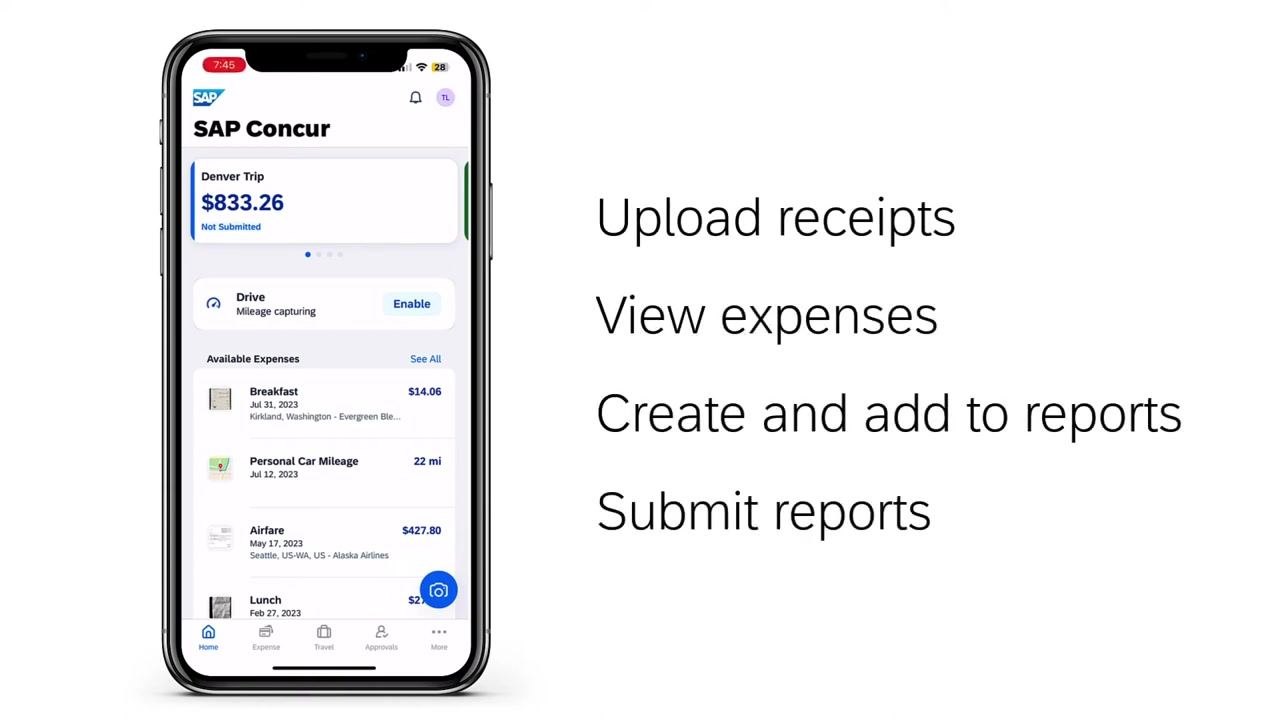 SAP Concur web interface showing a detailed trip expense report with itemized expenses, statuses, and management options