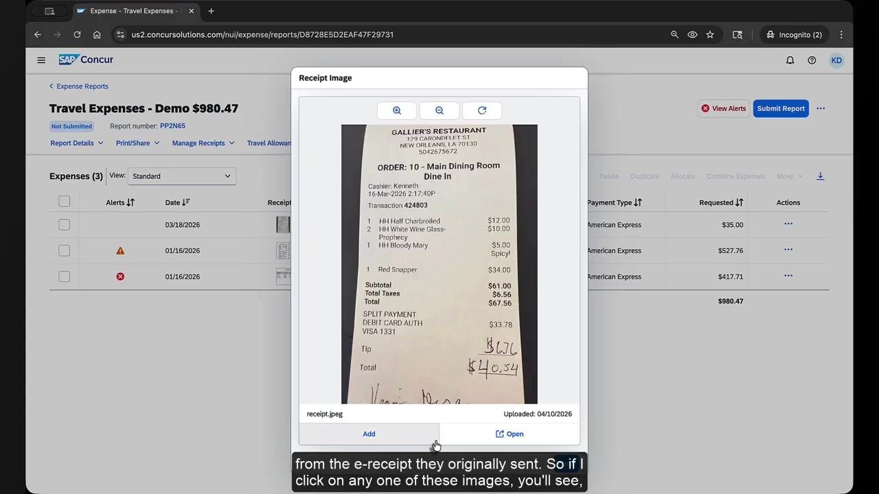 Receipt pop-up displaying a scanned restaurant receipt over the SAP Concur expense report, with no option to remove the receipt.