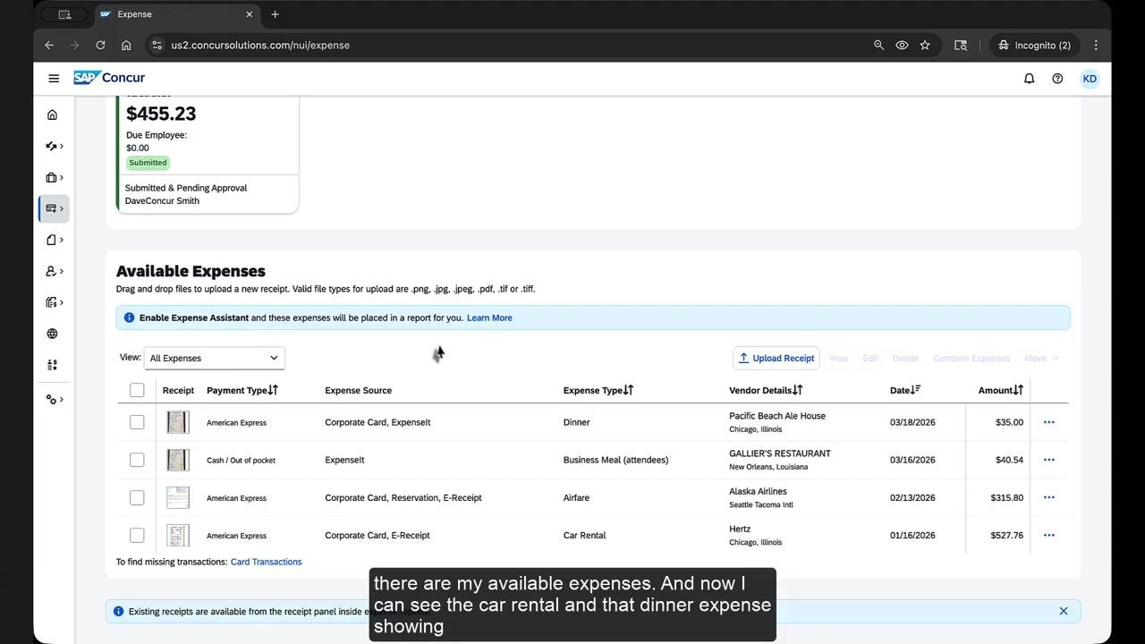 SAP Concur expense report with two expenses selected and a confirmation dialog explaining that e-receipts and card transactions will move to Available Expenses instead of being permanently deleted.