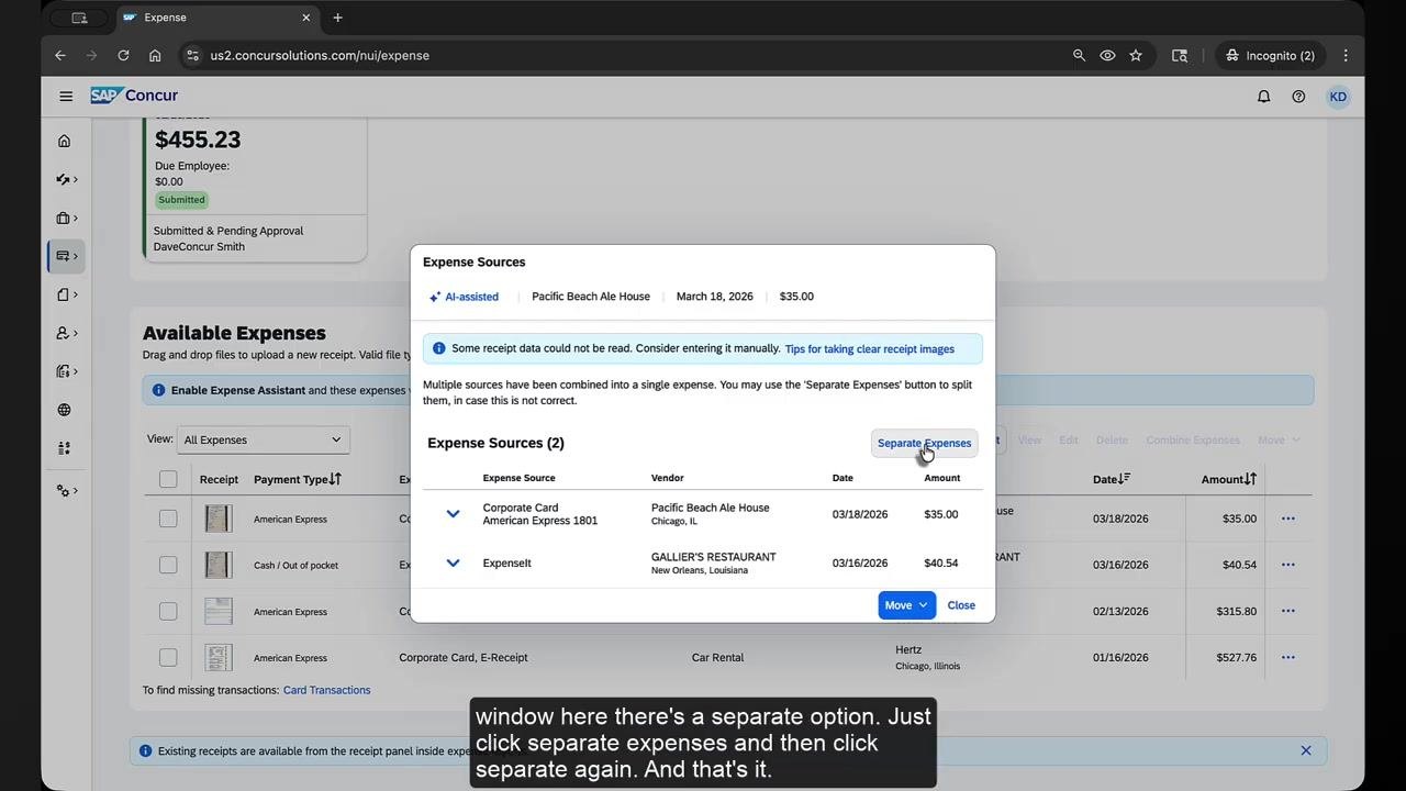 Expense Sources dialog showing Corporate Card and ExpenseIt listed as two sources for a Dinner expense, with the Separate Expenses button highlighted.