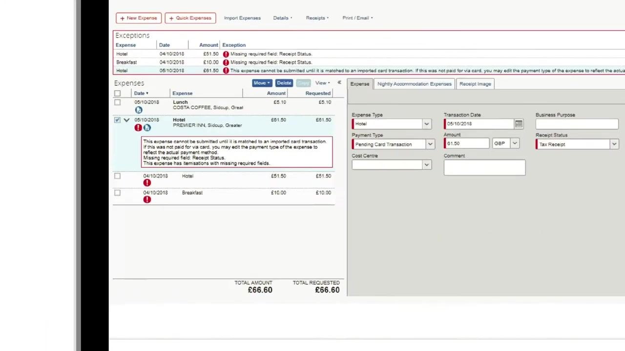 Claims screen listing unsubmitted claims with dates, names, and amounts, including a 05.10.2018 claim for £5.10, a 28.08.2018 claim for £57.49, a Budget Test for £16.00, a 02.05.2018 claim for £16.50, and a January Expense Claim for £618.77.