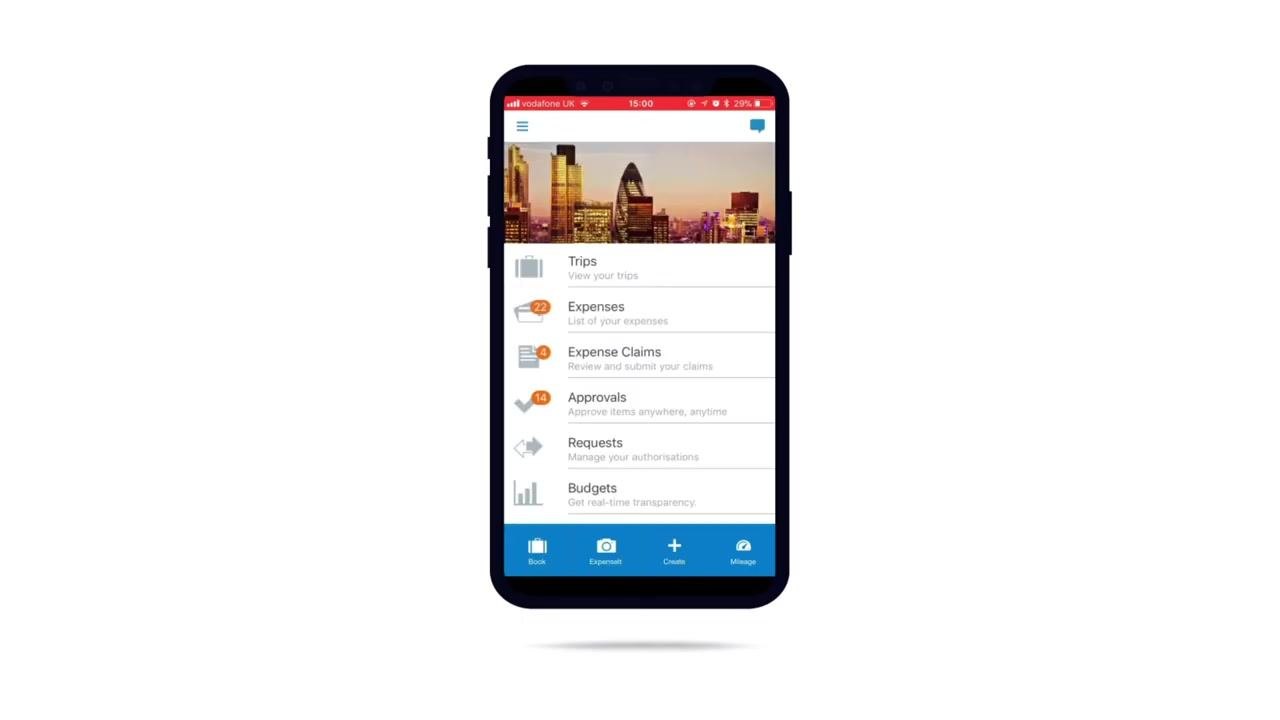 Mobile app home screen displaying Trips, Expenses (22), Expense Claims (4), Approvals (14), Requests, and Budgets, with a bottom menu for Book, Expenselt, Create, and Mileage.