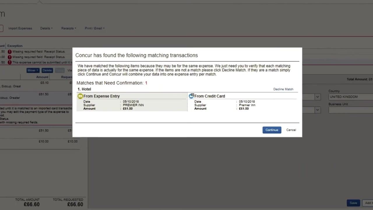 Dialog box on the web interface stating "Concur has found the following matching transactions," showing details from the expense entry and credit card with Continue and Cancel options.