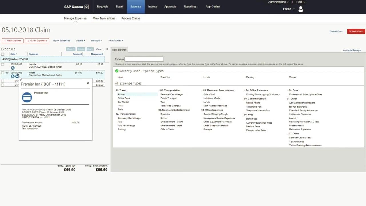 Web interface with a list of expenses on the left and an expense type selection panel on the right, showing categories like Travel, Transportation, Meals and Entertainment, Office Expenses, Fees, and Other.
