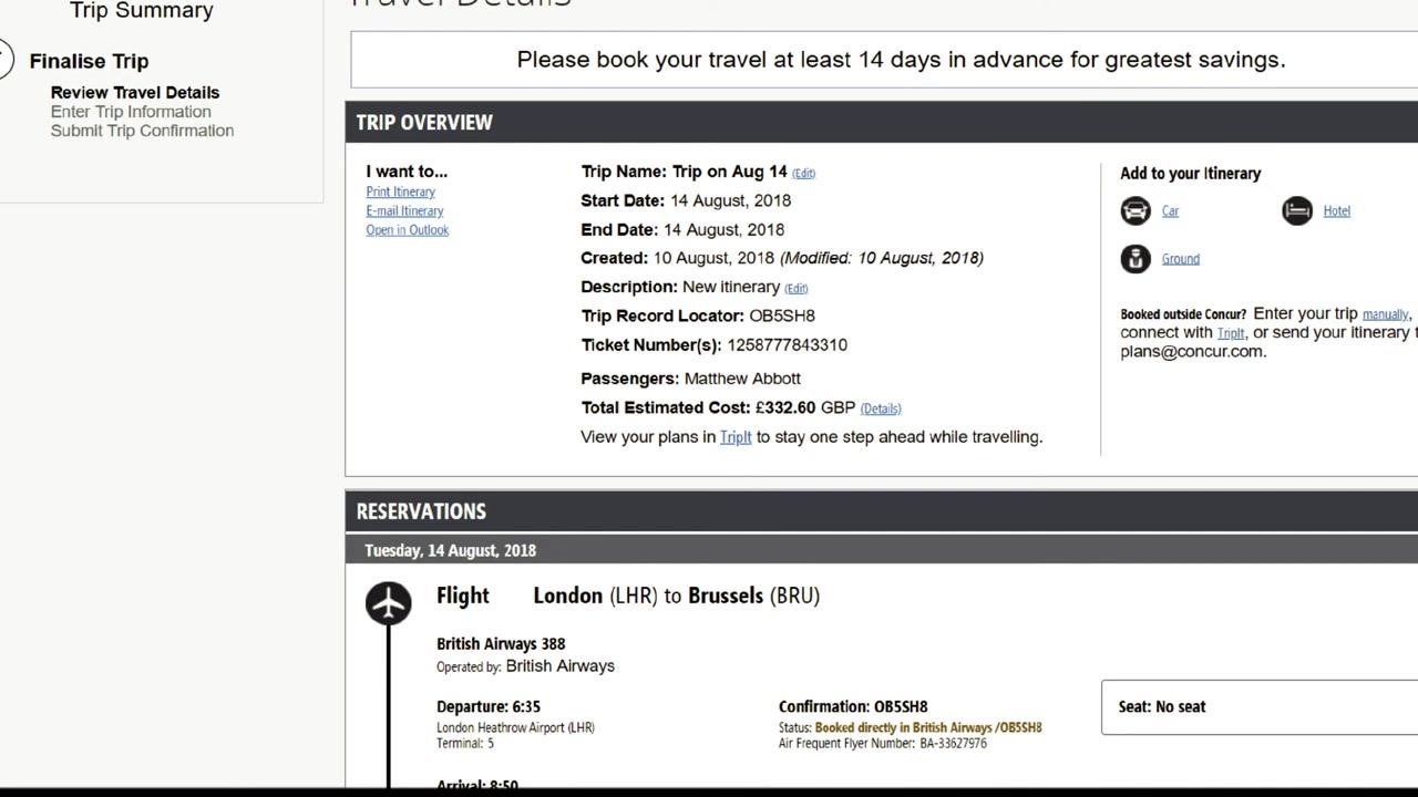 British Airways booking screen showing Flight, Flight + Hotel, and Flight + Car options, with a booking form displaying "Connected to SAP Concur."