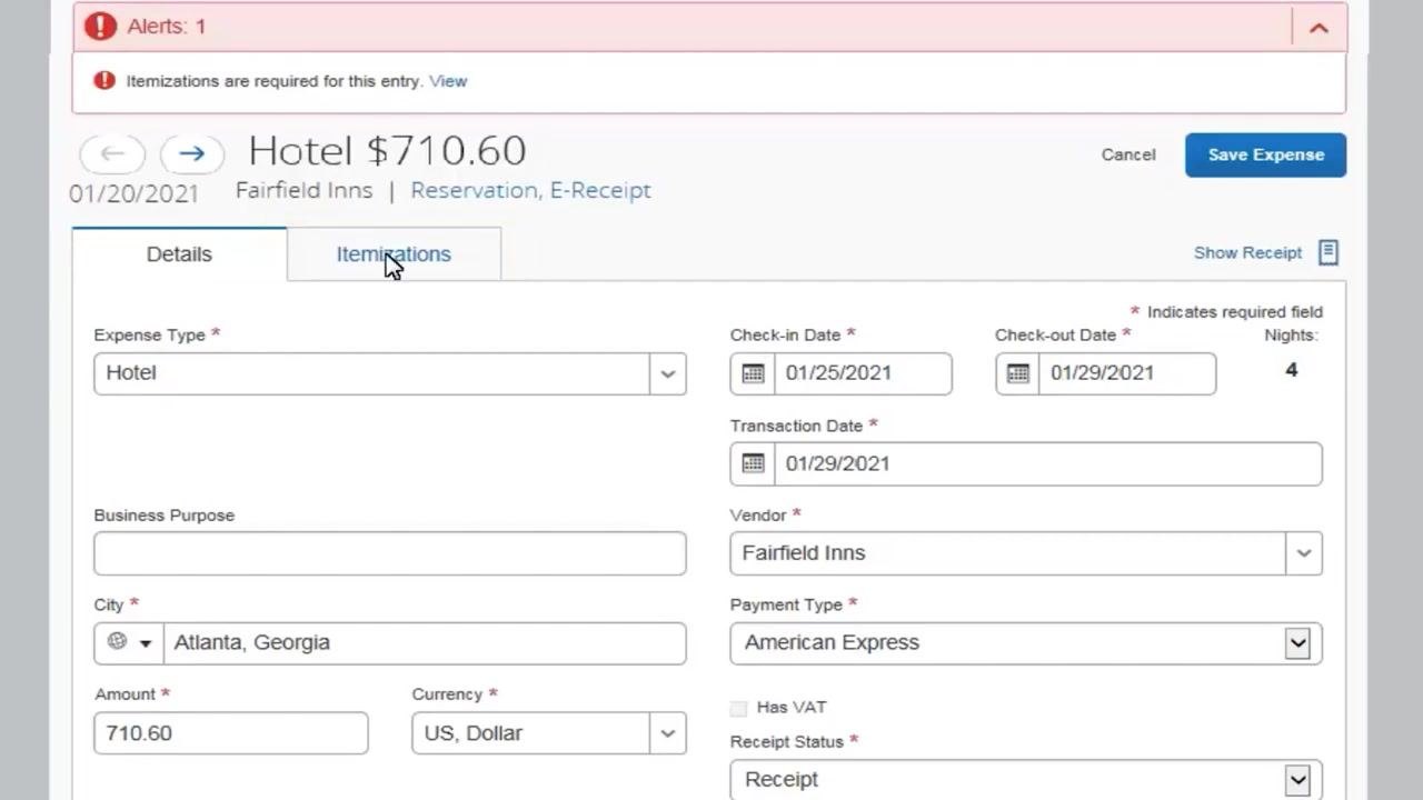 Concur Expense screen showing hotel expense details, with fields for check-in/check-out dates, transaction date, vendor, payment type, amount, and a highlighted Itemizations tab.