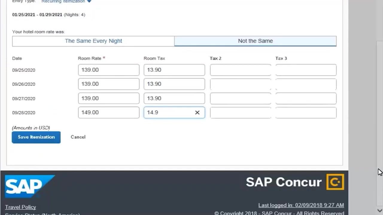 Detailed view of the itemization entry screen, showing fields for room rate, room tax, Tax 2, and Tax 3 for each night, with example values filled in.