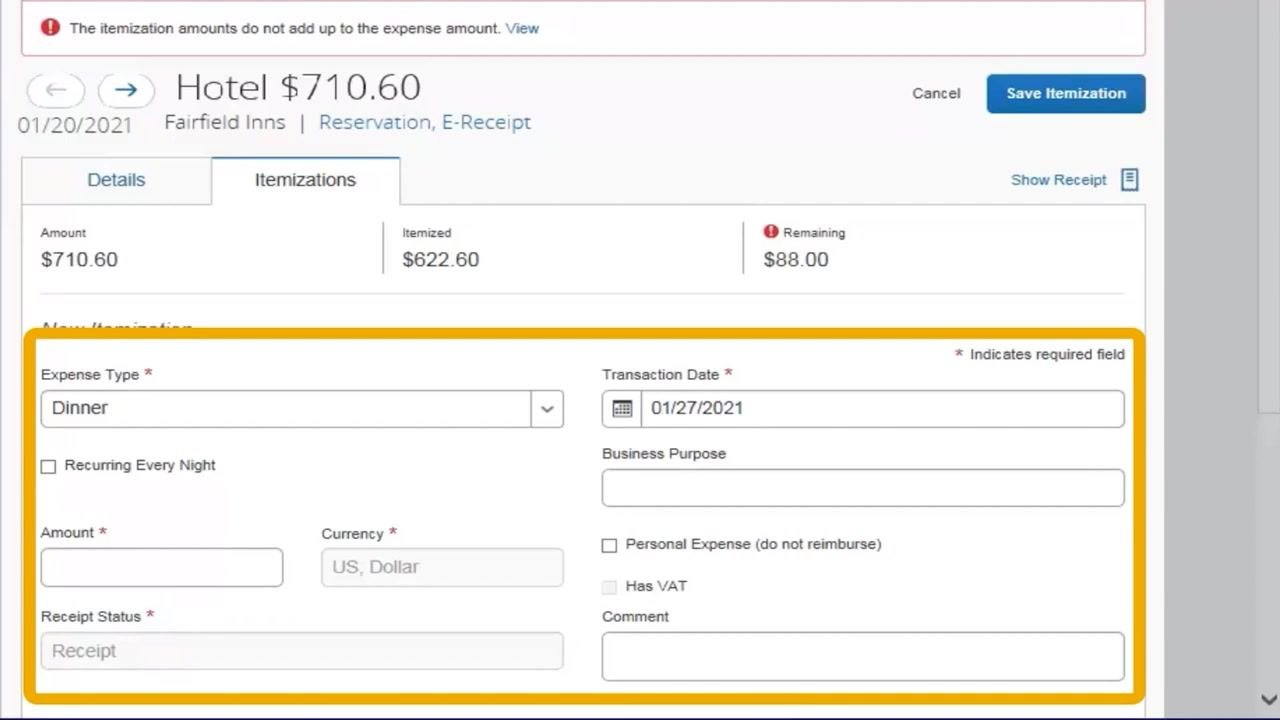 Dinner expense itemization screen with required fields for Expense Type (Dinner), Transaction Date (01/27/2021), Amount, and Receipt Status.