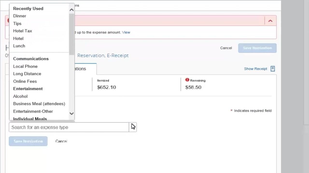 Parking expense itemization screen with fields for Expense Type (Parking), Amount (10.00), Transaction Date (01/29/2021), and the Recurring Every Night checkbox.