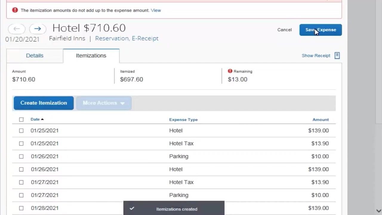 Itemizations tab showing a list of itemized expenses (Hotel, Hotel Tax, Parking, Laundry), with the Save Expense button highlighted and the Remaining amount at $13.00.
