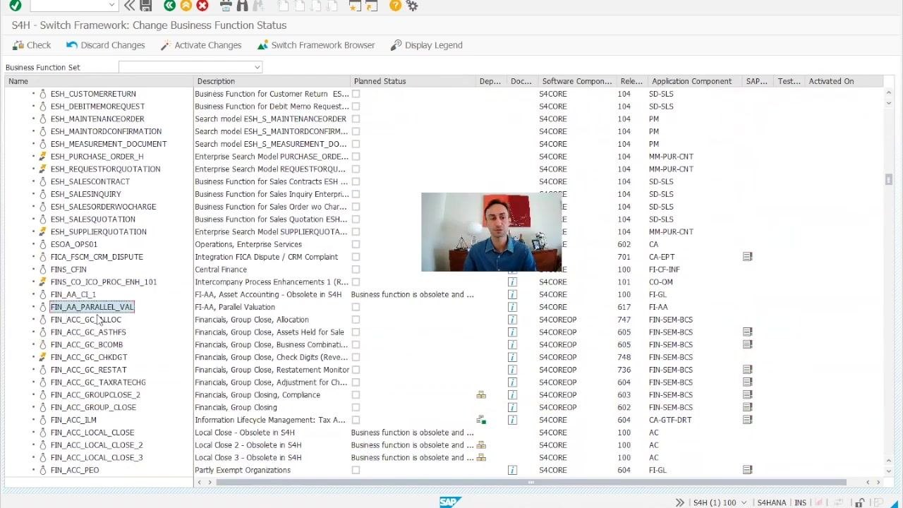 SAP IMG navigation screen with the "Activate Business Functions" node highlighted.