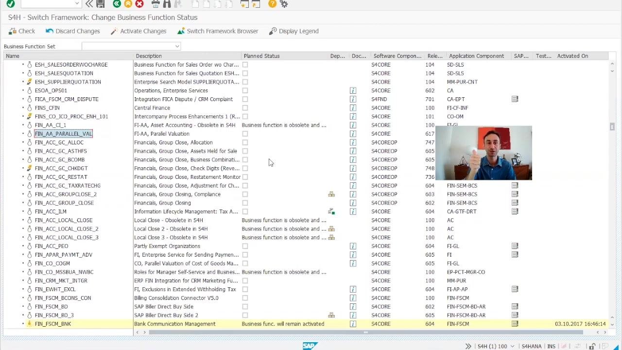 SAP Switch Framework screen confirming the business function is now active.